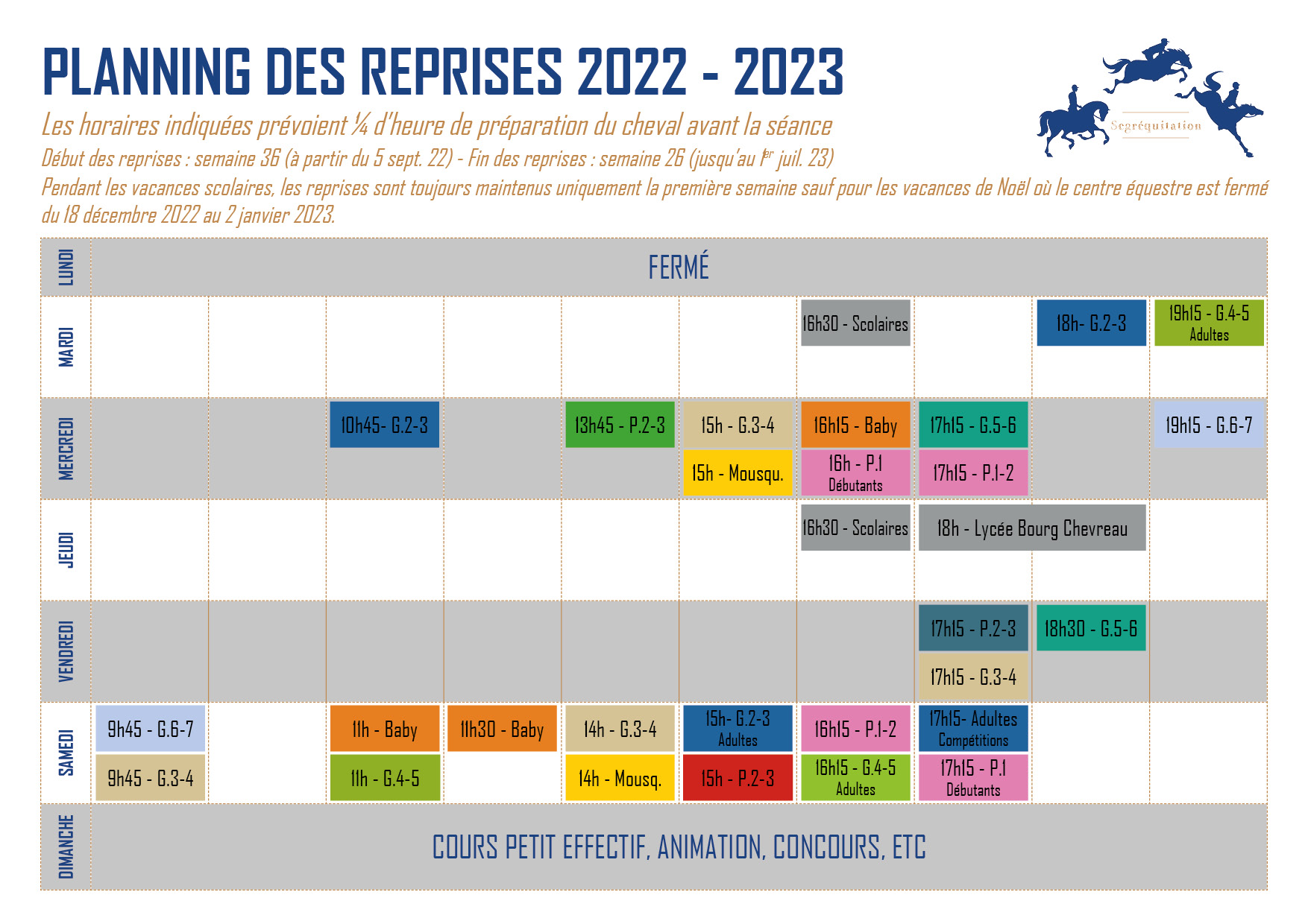Planning des reprises - SEGRÉQUITATION